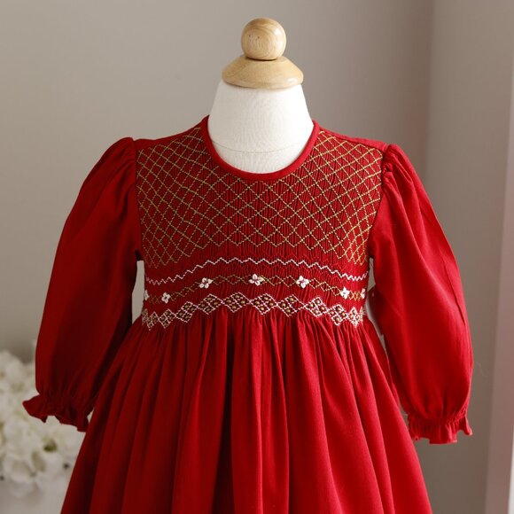 Red Smocked Dress Long Sleeve Green & White Embroidery 100% Cotton Bedford Cord - Picture 3 of 6